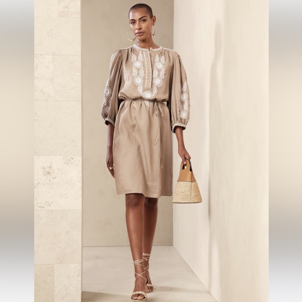 Banana Republic 2pc NWT Embroidered  Belted Linen Dress Maverick Tan XS Petite